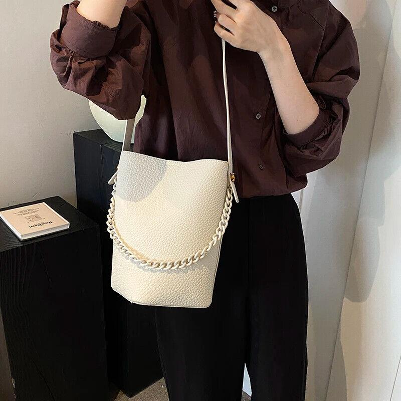Leather Bucket Bags Small 2 in 1 Snap and Zipper Women's Chain Handle Purses