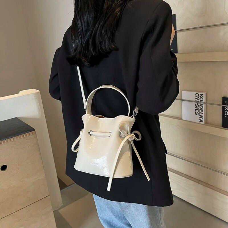 Mini Leather Bucket Bags Soft 2 in 1 Removable Pouch Drawstring Snap Crossbody
