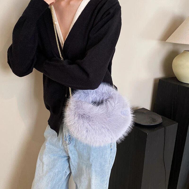 Faux Fur Crossbody Bags Women's Soft Chain Strap Snap Short Wrist Handle Purses