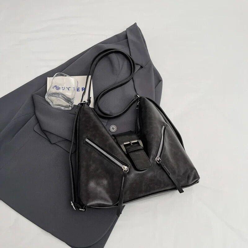 Medium Shoulder Bags Belt Buckle Style Outer Zipper Pockets Leather Backpacks