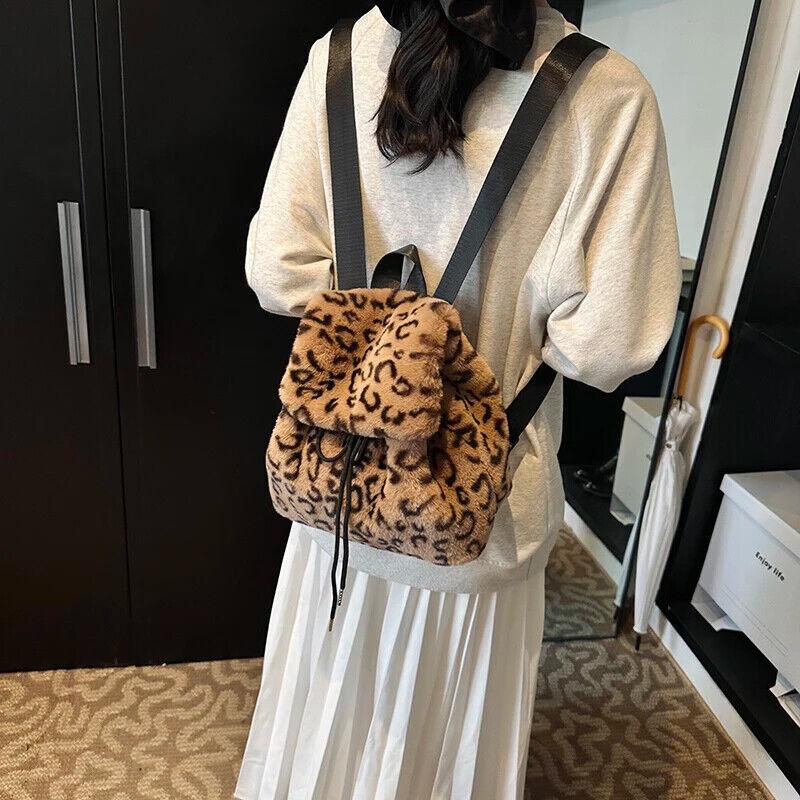 Faux Fur Small Leopard Backpacks Women's Flap Drawstring Soft Solid Shoulder Bag