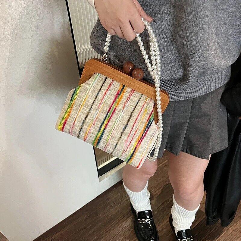 Small Clutches Colorful Striped Wooden Pearl Strap Women's Soft Crossbody Bags