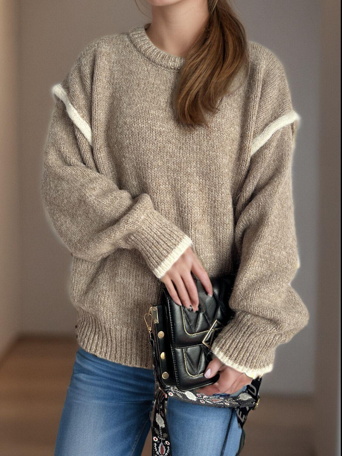 Women Contrast Trim Sweater Round Neck Dropped Shoulder Long Sleeve Pullover 57_ed720960-c6d8-4023-be1d-8d6e980ab876 STYLEINGER
