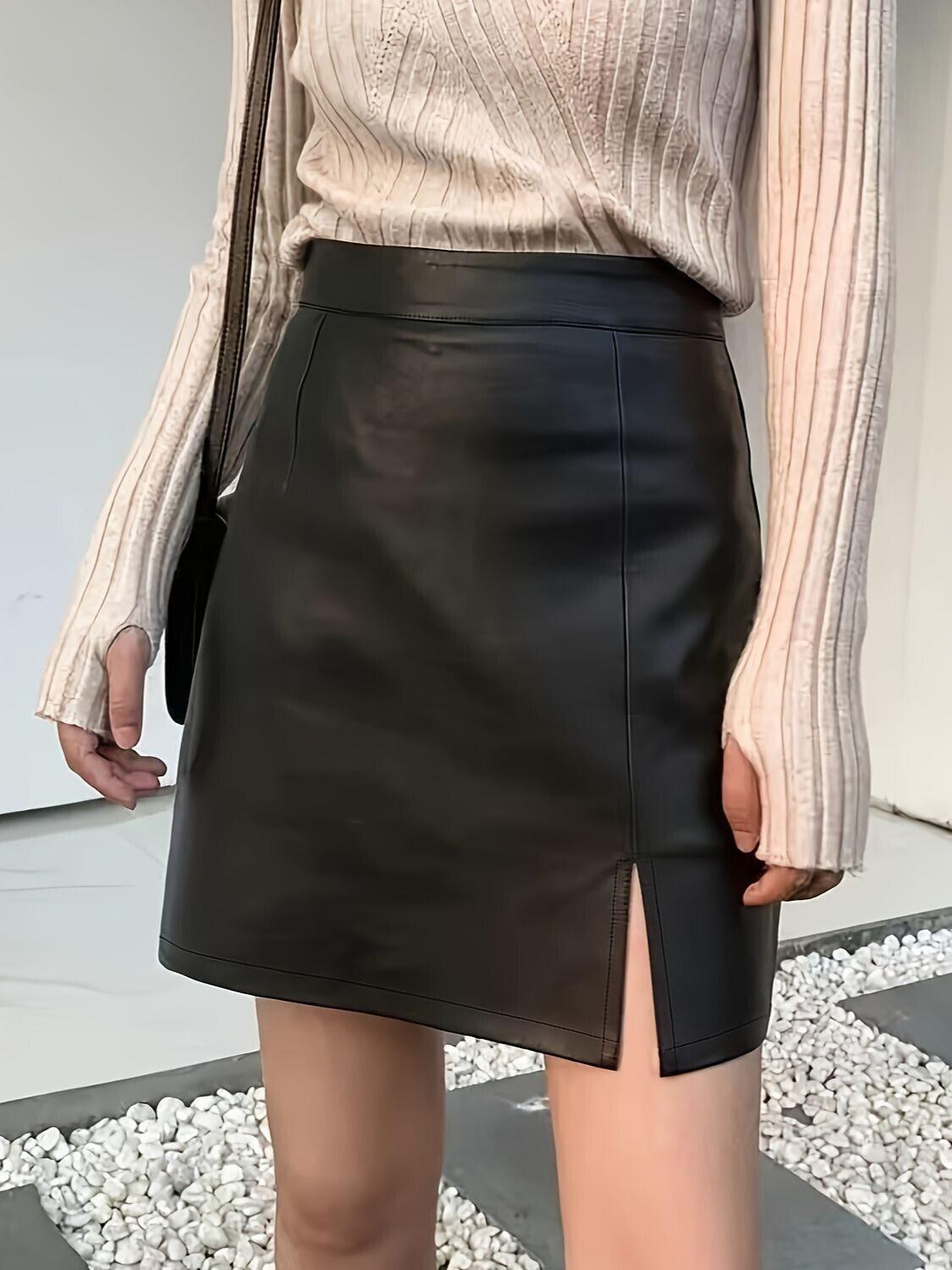 Leather Mini Skirt Black Front Slit A-Line Women's Fashionable Solid Short Skirt 57_edded83d-7965-4394-b597-4a22d3dc4bec STYLEINGER