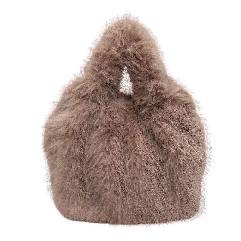 Faux Fur Crossbody Bags Women's Soft Chain Strap Snap Short Wrist Handle Purses