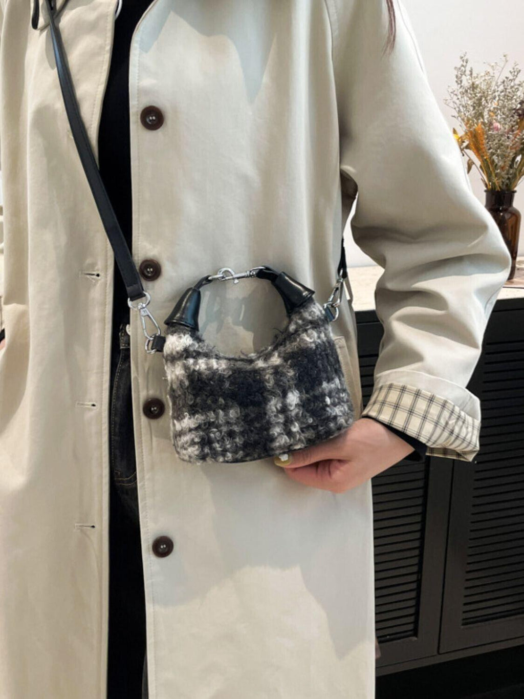 Mini Plaid Handbag Fuzzy Polyester Lock Handle Zipper Crossbody 57_eead2589-f472-4816-a7de-abdf64574b14 STYLEINGER