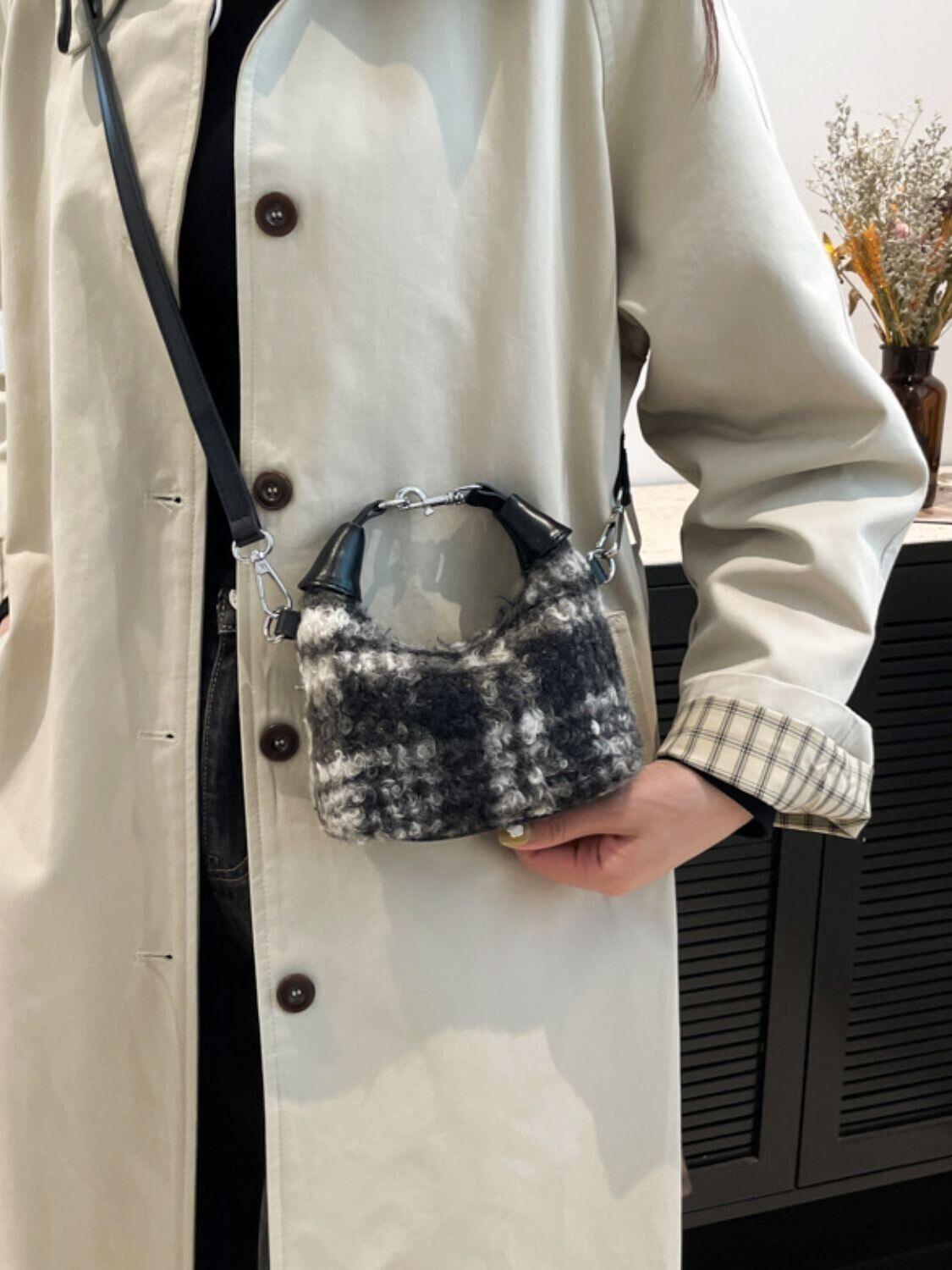 Mini Plaid Handbag Fuzzy Polyester Lock Handle Zipper Crossbody 57_eead2589-f472-4816-a7de-abdf64574b14 STYLEINGER