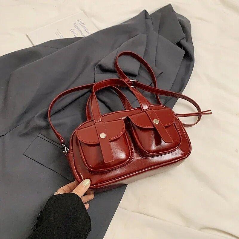 Small Leather Handbags Women Zipper Double Flap Outer Pockets Crossbody Bags