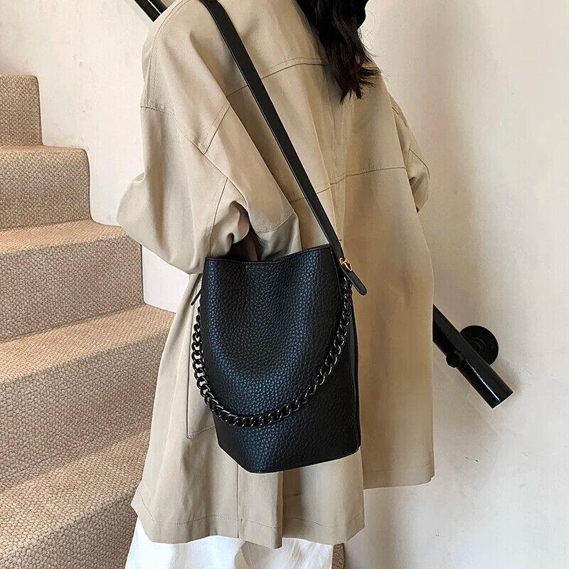 Leather Bucket Bags Small 2 in 1 Snap and Zipper Women's Chain Handle Purses