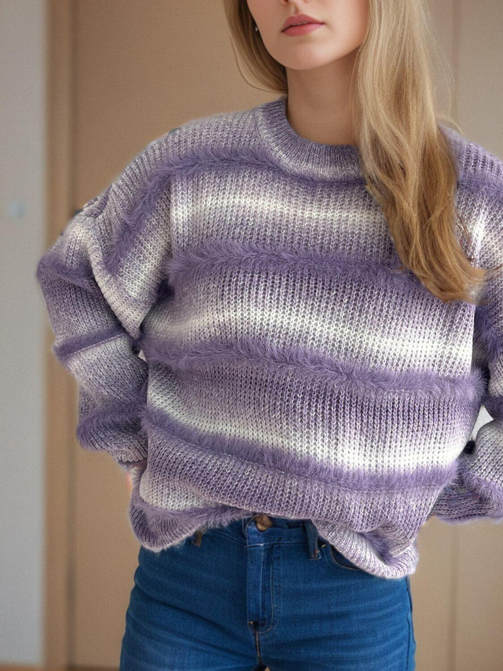 Women Gradient Striped Sweater Round Neck Long Sleeve Soft Pullover One Size Lilac One Size 57_f1bd3d7c-7e2f-4cf8-a04e-50a8dbbfa73a STYLEINGER