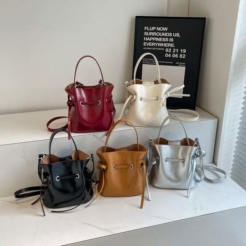 Mini Leather Bucket Bags Soft 2 in 1 Removable Pouch Drawstring Snap Crossbody