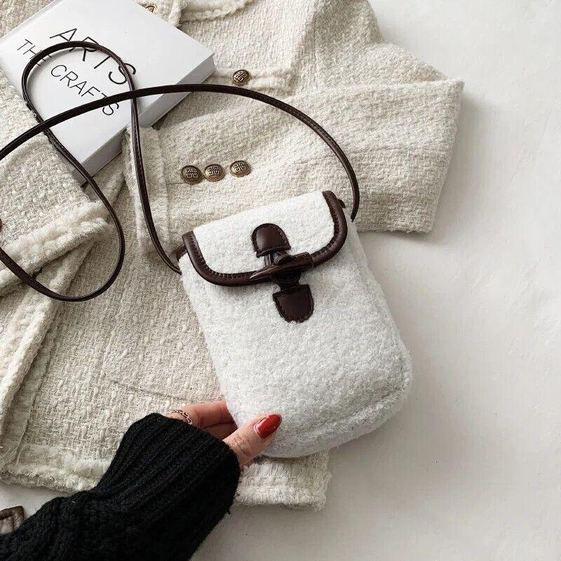 Mini Soft Lamb Down Fabric Plush Women's Toggle Flap Crossbody Phone Purses White #2