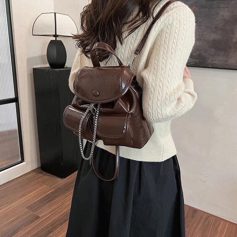 Small Backpacks Chain Drawstring Flap Leather Women's Outer Flap Pockets Bags