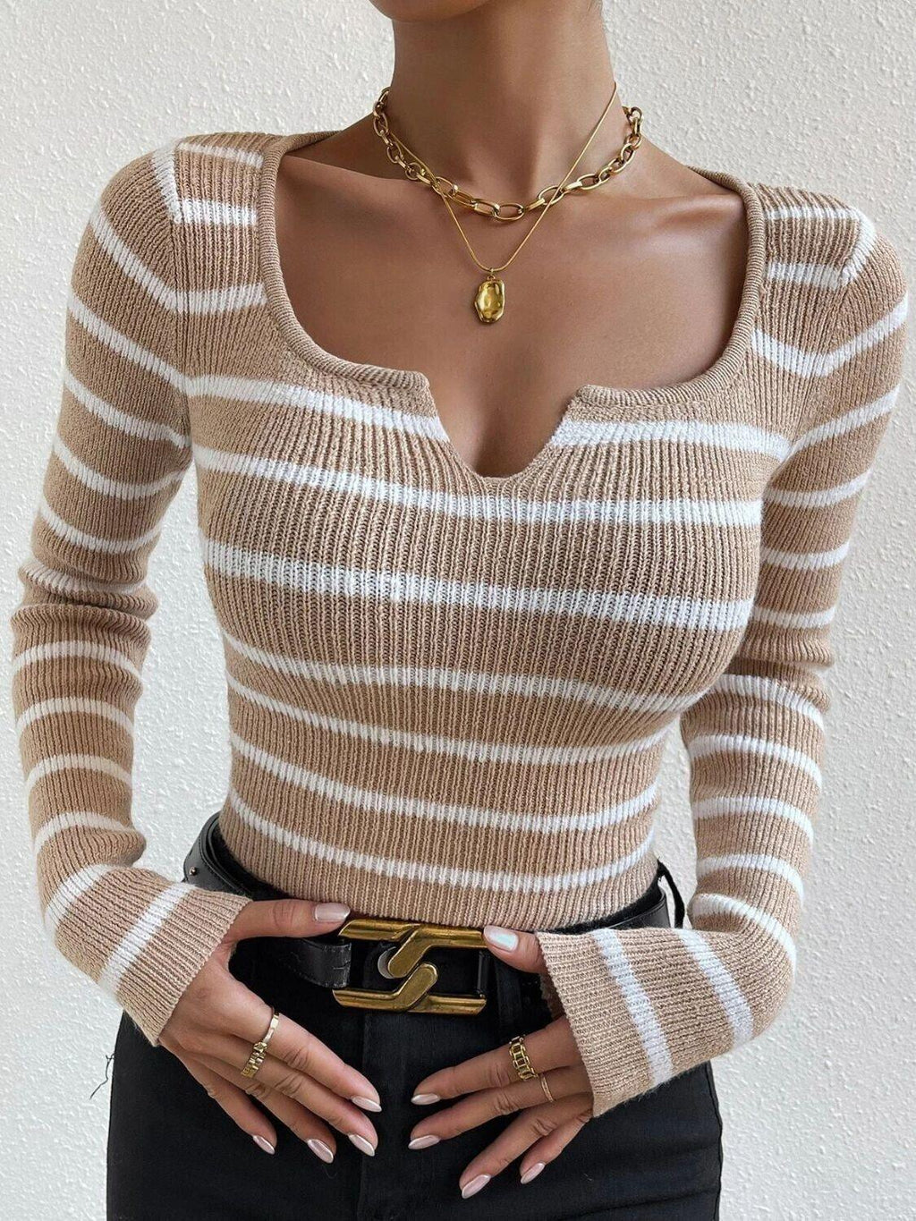 Striped Sweater Notched Square Neck Slim Long Sleeve Knit Women Short Top 57_f50c8e16-a6c2-40e8-acbf-f1ffe6534ccd STYLEINGER