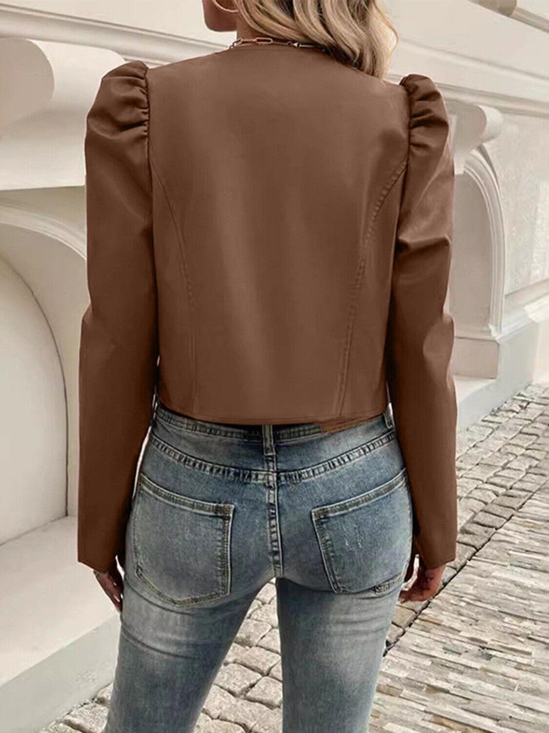 Faux Leather Cropped Jacket Open Front Puff Long Sleeve Women's Outwear 57_f6695e92-1747-4d85-b38d-8c2bf5c2ddc4 STYLEINGER