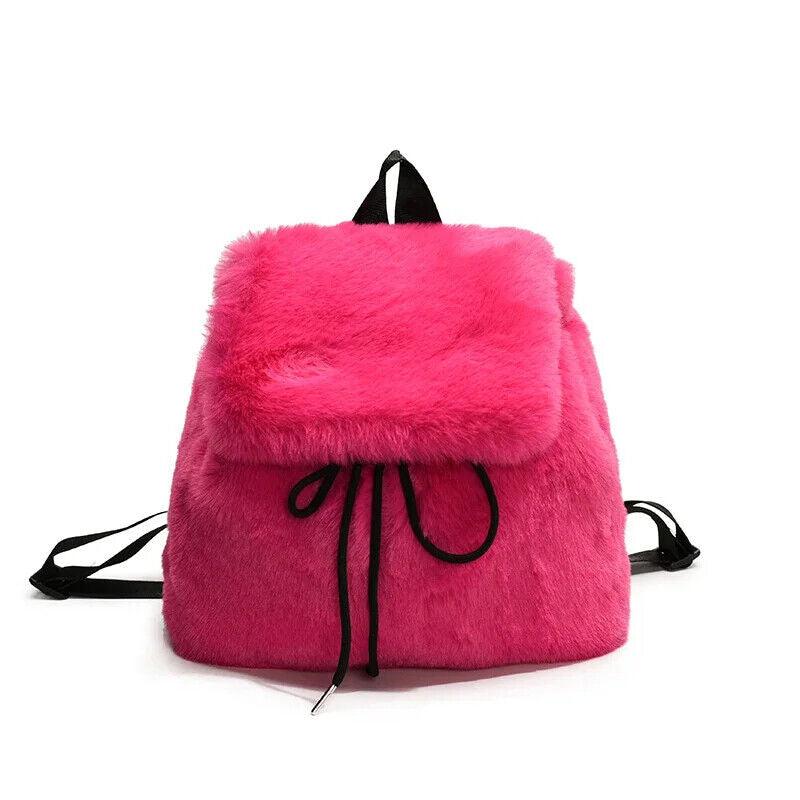 Faux Fur Small Leopard Backpacks Women's Flap Drawstring Soft Solid Shoulder Bag