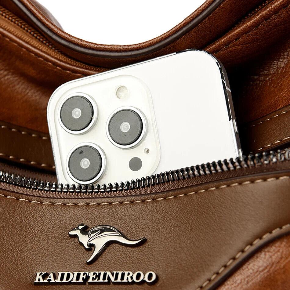 Women's Large Handbag Soft Leather Zipper Pockets Bucket Bags Purses