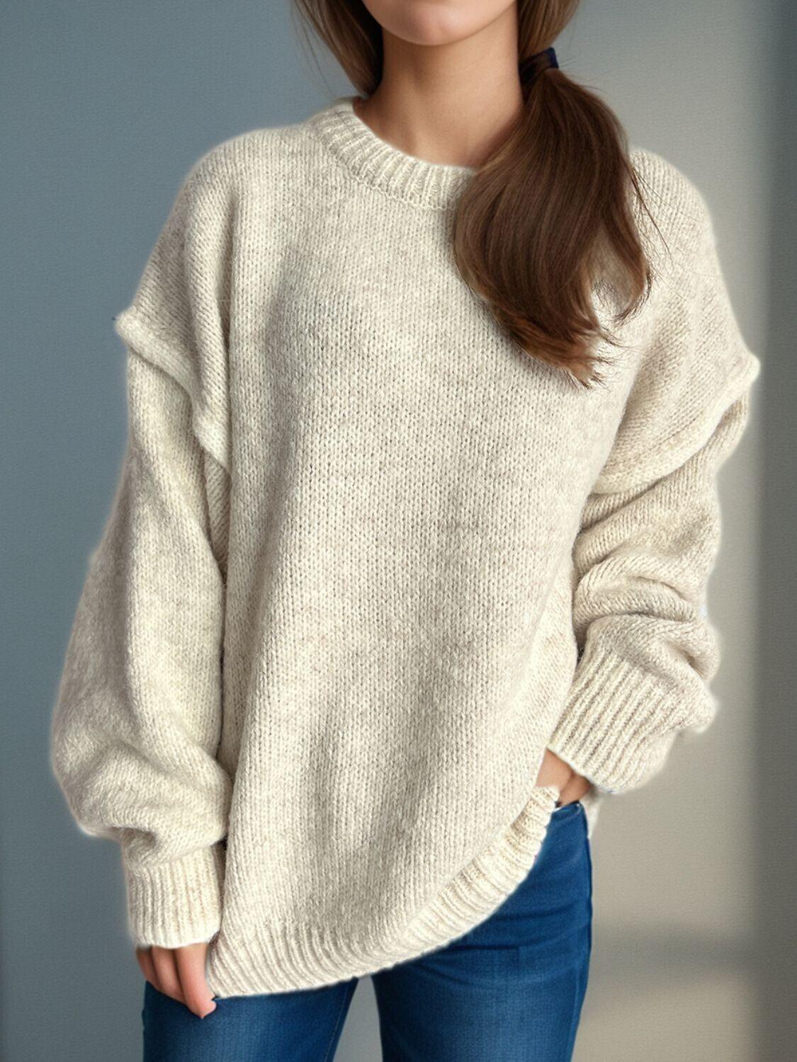Women Contrast Trim Sweater Round Neck Dropped Shoulder Long Sleeve Pullover 57_f8423f38-eabe-4ab8-a0a5-be8856999498 STYLEINGER