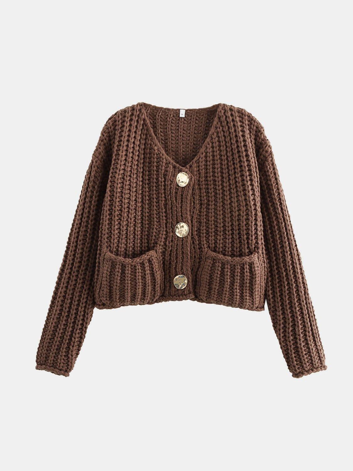 Buttoned Cardigan Women Front Pockets Single Breasted Knit Acrylic Sweater