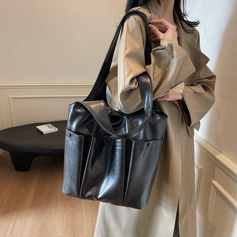 Large Leather Shoulder Bags 3 Outer Pleated Pockets Style Zipper Women Handbags