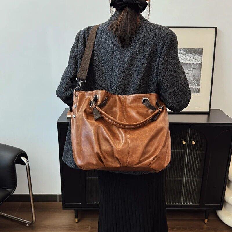 Leather Tote Bags Extra Large Women Zipper Double Handles Soft Pleated Handbag