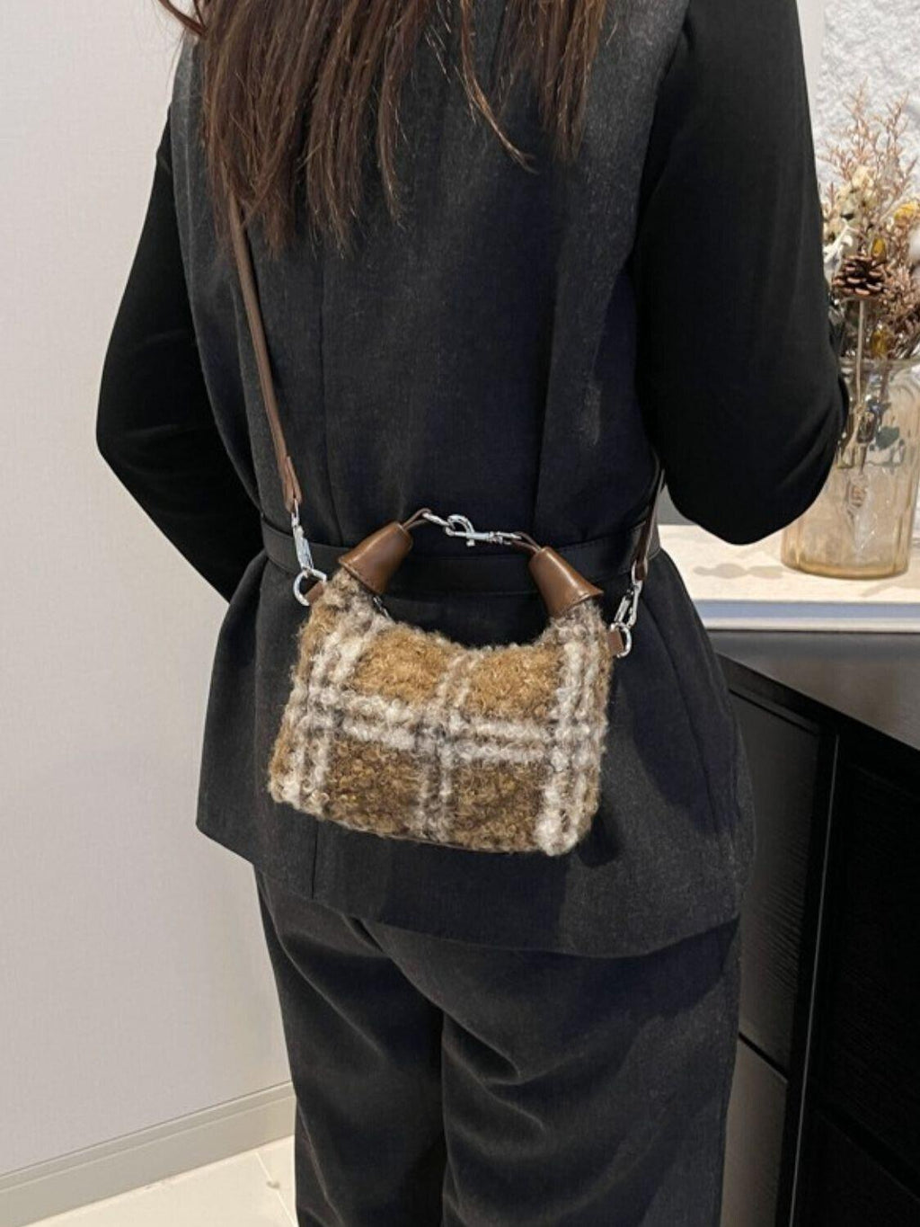 Mini Plaid Handbag Fuzzy Polyester Lock Handle Zipper Crossbody 57_fc67e849-ace6-4808-a8d3-31a549a35e03 STYLEINGER