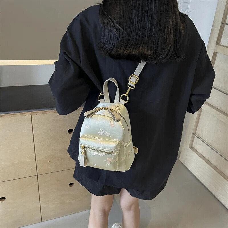 Backpack Mini Floral Embroidered Fabric Zipper Short Handle Outer Pocket Handbag