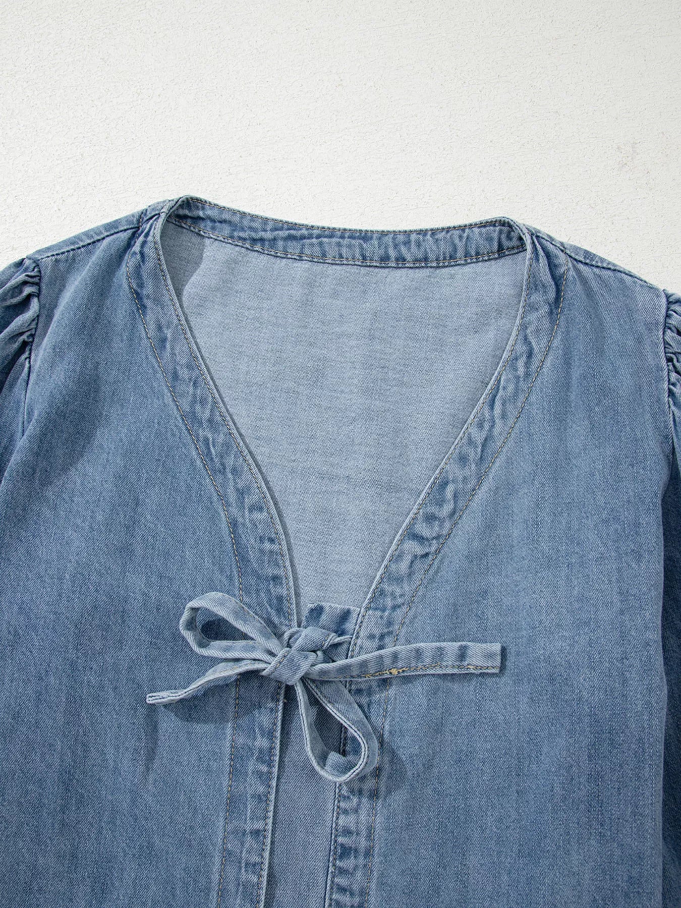 Women's Denim Top Tied Front Puff Long Sleeve Dusty Blue Blouse 57a2a5a4dac14099b0f22aa595cb9465-Max-Origin Trendsi