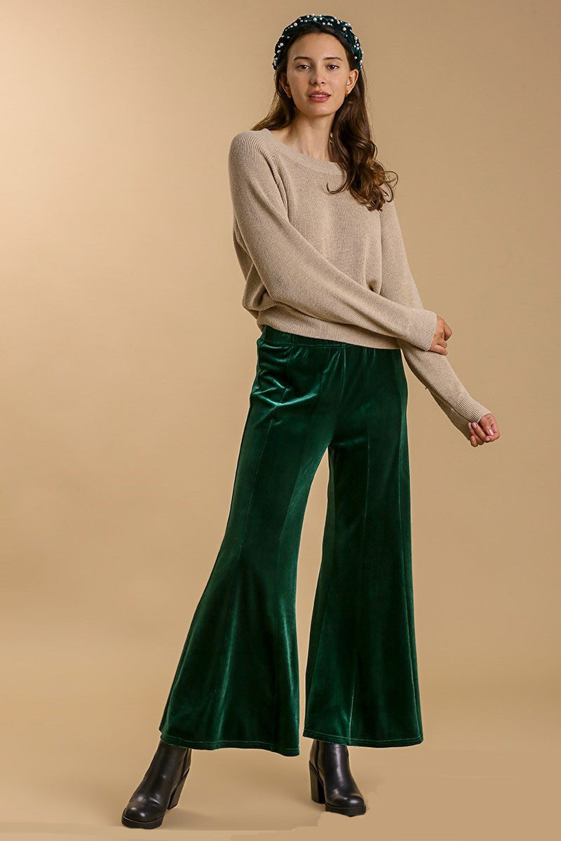 Umgee Flare Pants Velvet Dark Green High Rise Elastic Waist Cropped