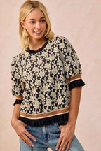 BiBi Women Knit Top Textured Rose Black Gray Contrast Banded Puff Sleeve 57aefd70-581d-4f56-8d9c-3568c29bd918-Max-Origin Trendsi