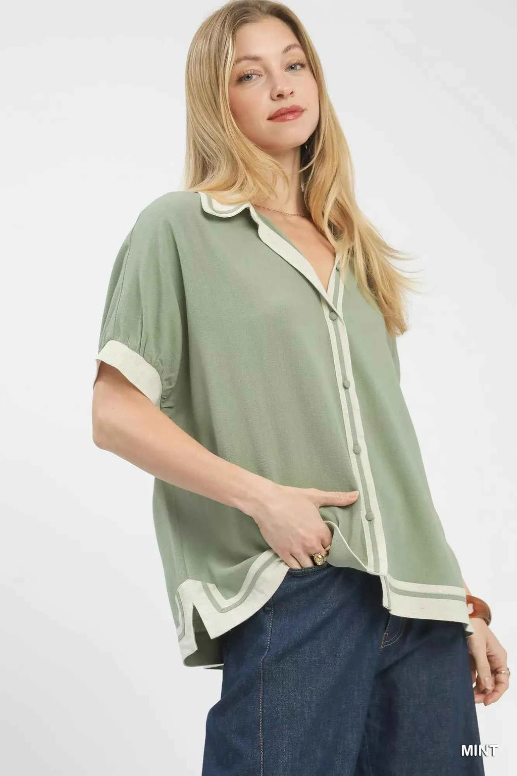 Umgee Linen Blouse Mint Button Front Top with Contrast Piping 57af542c-7ae9-4d6d-bcd1-7f48e6de8960-Max-Origin Trendsi