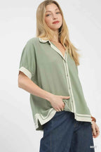Umgee Linen Blouse Mint Button Front Top with Contrast Piping 57af542c-7ae9-4d6d-bcd1-7f48e6de8960-Max-Origin Trendsi