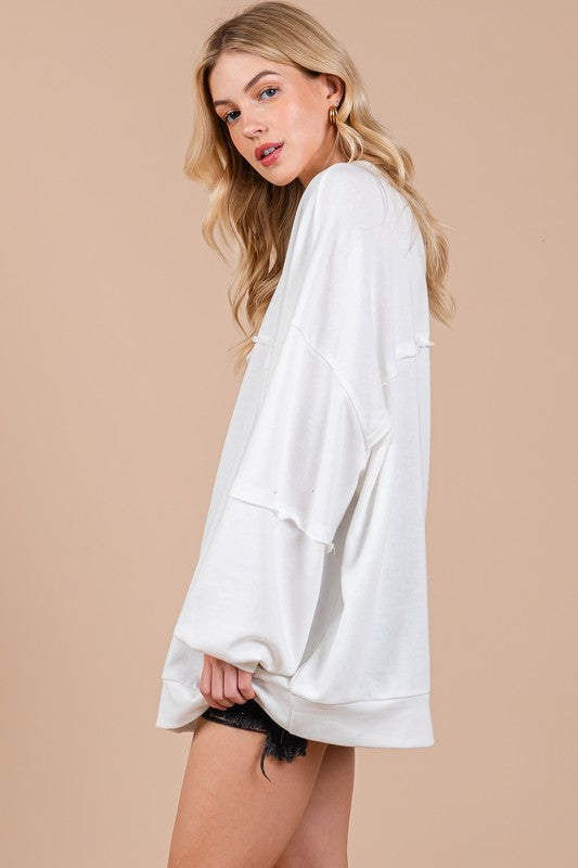Ces Femme Sweatshirt White Oversized Exposed Seam Long Sleeve Top 57b46369-06da-4ea2-91b6-8e1d8c83a748-Max Trendsi