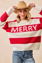BiBi Christmas Women's Sweater Ivory Red Stripe Merry Lettering Oversized 57b8e48755d0494d97641c97888e7b9e-Max-Origin Trendsi