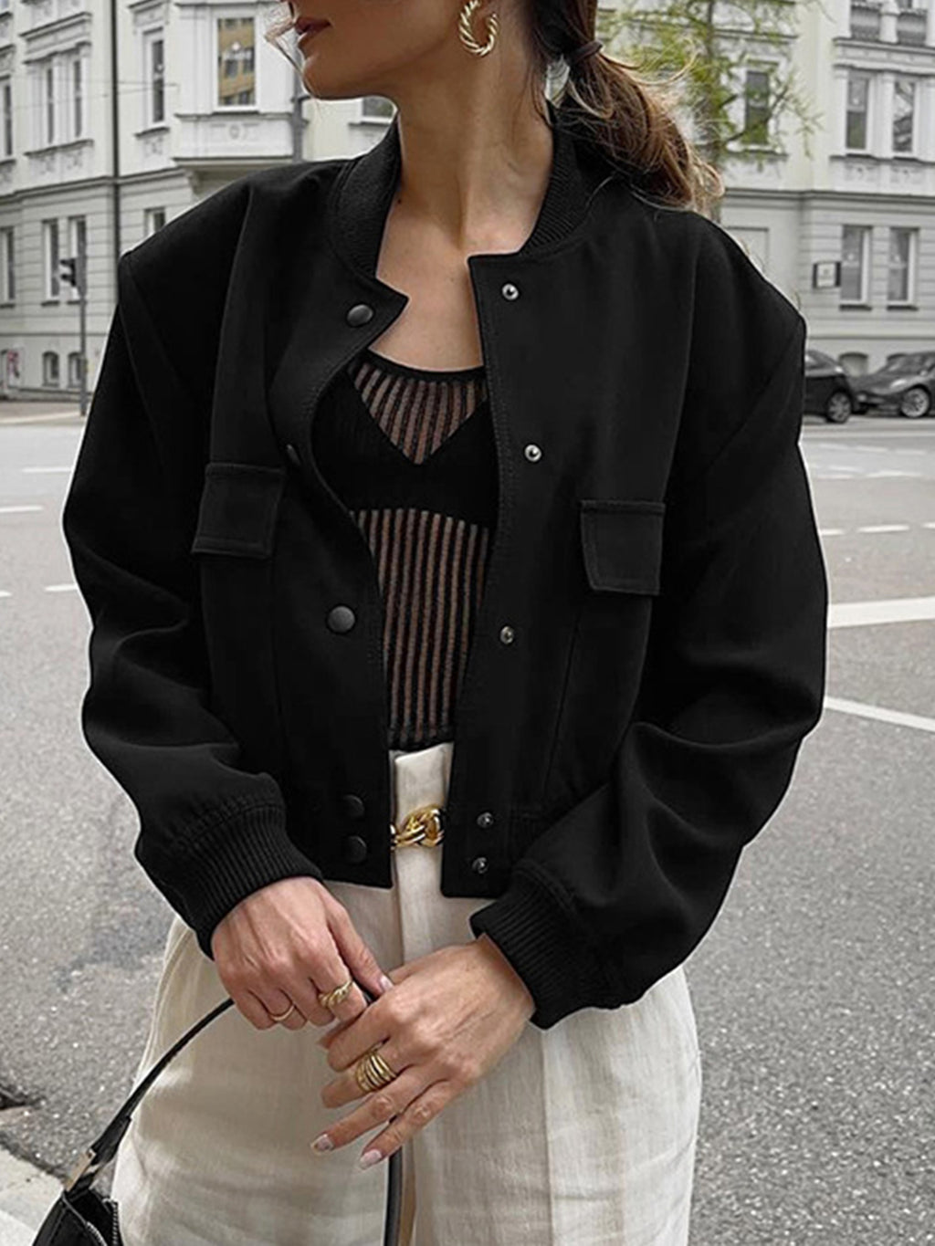 Leopard Cropped Women Jacket Baseball Collar Pocketed Snap Long Sleeve 57bb51bc-ea0a-4720-8932-58a2aa084571-Max Trendsi