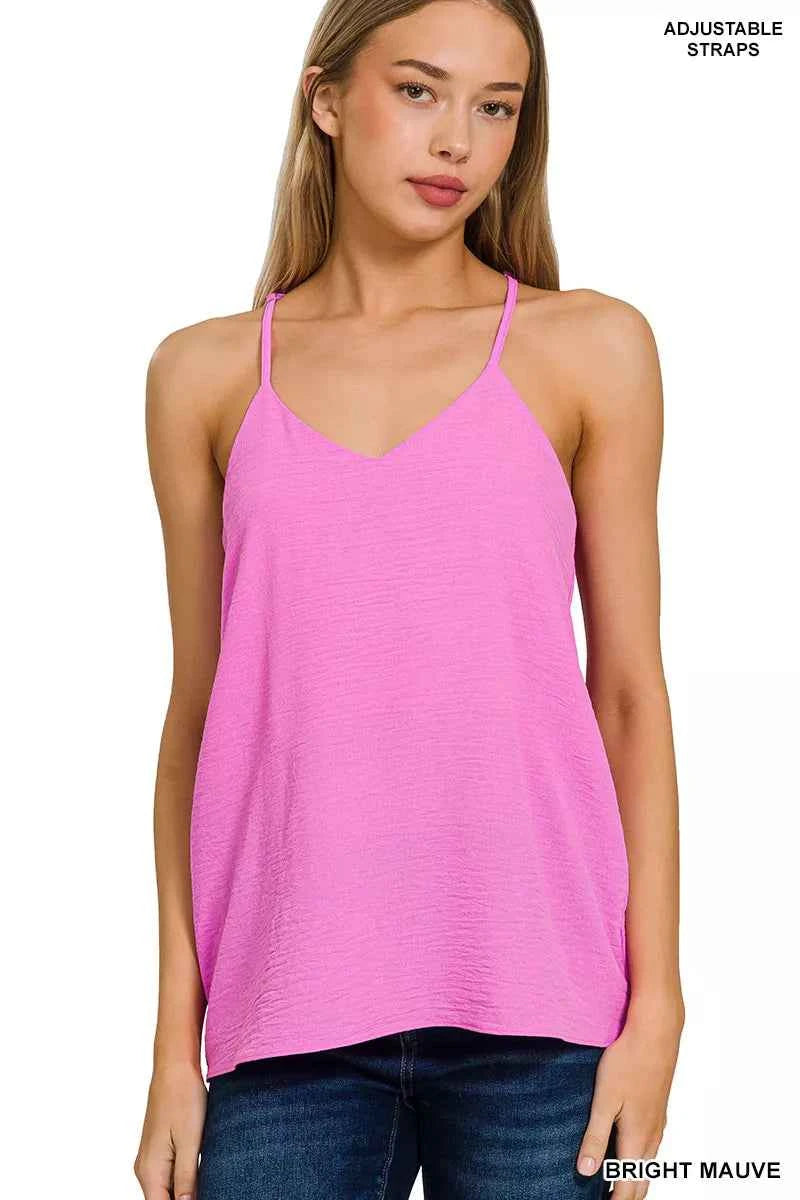 Zenana V-Neck Cami Bright Mauve Woven Airflow Adjustable Strap Top 57d630fd-86b1-47af-b67d-519b5d5b3e91-Max-Origin Trendsi