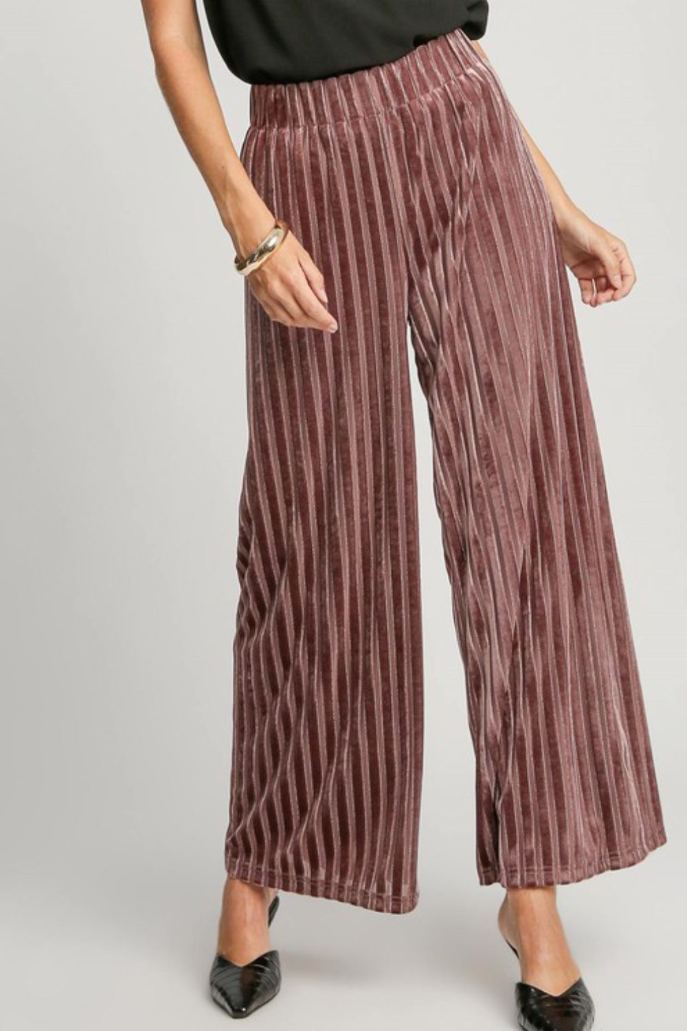 Umgee USA Women Velvet Metallic Pants Elastic Waist Striped Wide Leg Burgundy 57e2aa9d-85d8-416e-88f1-8d8825cf96f5-Max Trendsi