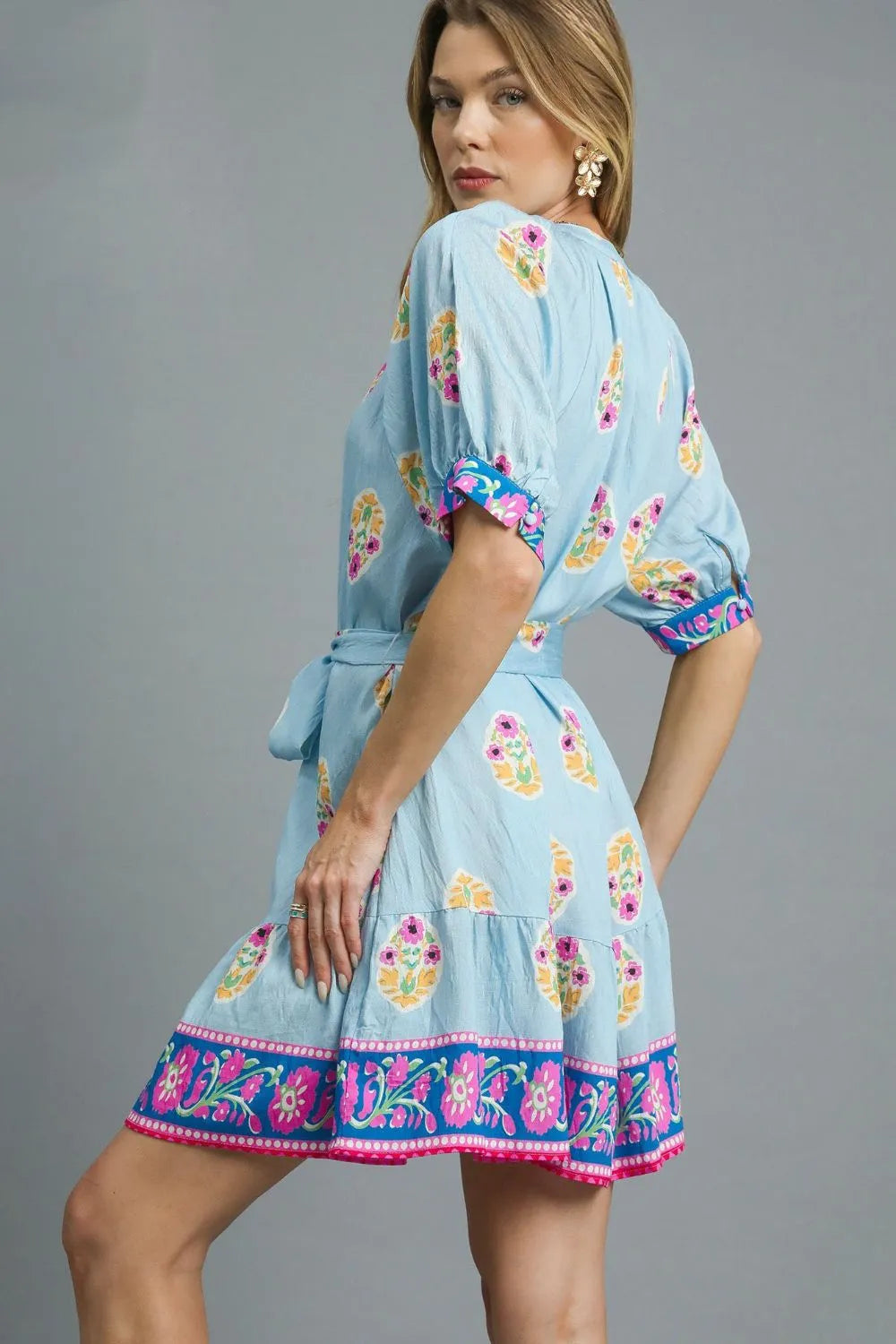 Umgee Shirt Dress Floral Print Pastel Blue Tie Waist Short Sleeve Buttoned 57ee2157-6b97-4753-8524-4190dabbc3d4-Max-Origin Trendsi