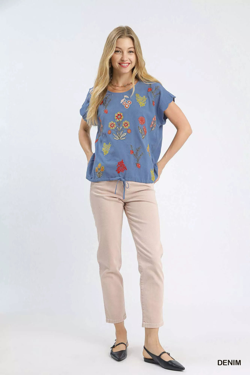 Umgee Womens Blouse Blue Floral Embroidered Scallop Short Sleeve Top 57f22a75-f274-4420-972a-e1def5b9e7c4-Max-Origin Trendsi