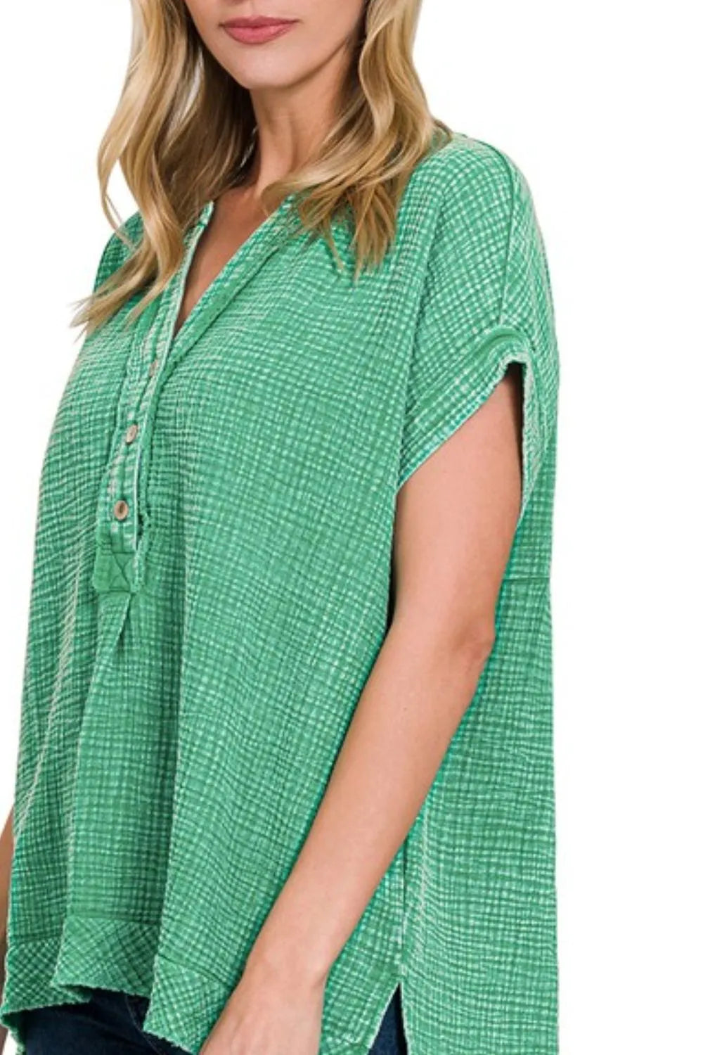Zenana Tank Top Green Washed Double Gauze 3/4 Button Henley Neck Shirt 57fac412-e96c-4a24-9913-a47a1bf4f593-Max-Origin Trendsi