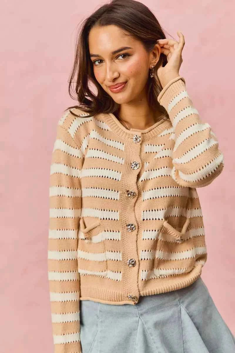 SO ME Women Sweater Cardigan Stripe White Beige Long Sleeves Buttoned 57fc8ad639cf45c78fa60b0548739536-Max-Origin Trendsi