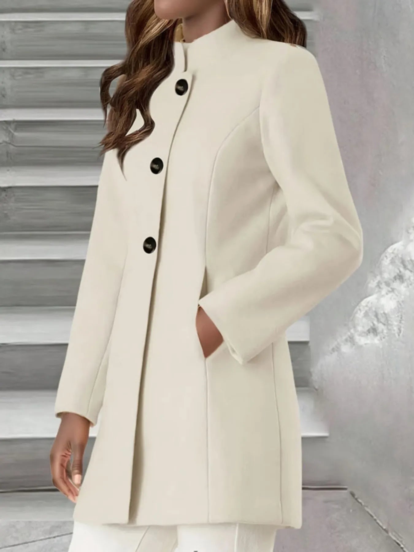 Women's Coat Cream Single-Breasted Stand Collar with Pockets 58011731fb074658a9d209c875c9c712-Max-Origin Trendsi