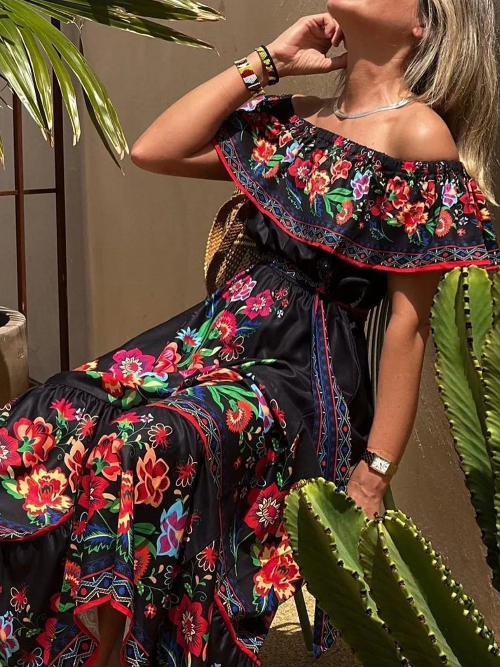 Floral Maxi Dress Off Shoulder Ruffle Belted High Waisted Ruched 5815f926-19a6-4f50-b630-4c9c6d25e1bb-Max-Origin Trendsi