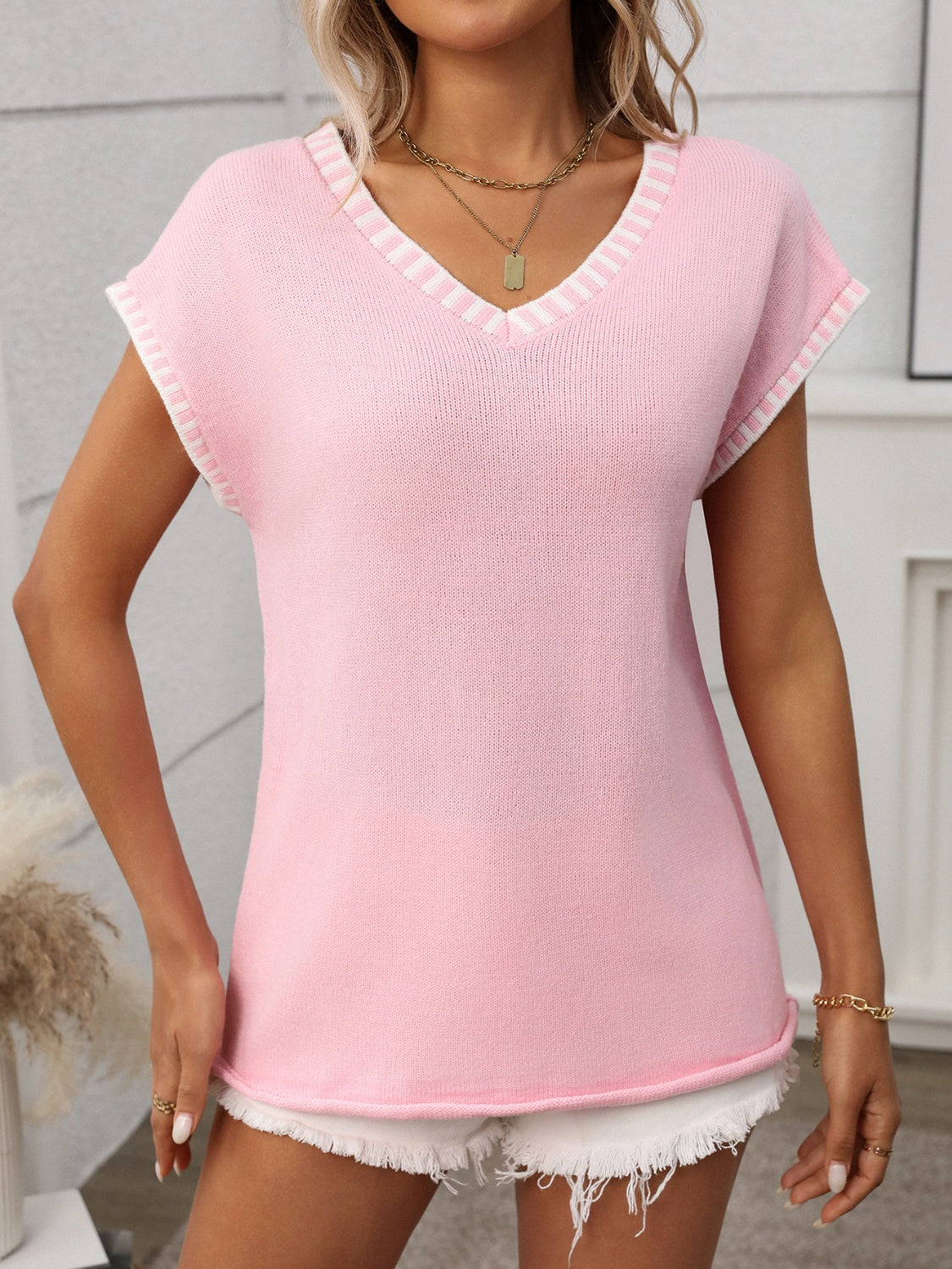 Women's Pullover Short Cap Sleeve Knit Top Contrast Stitch Trim V-Neck 58213218-aaed-4e06-b57a-ff5831d43a1e-Max Trendsi