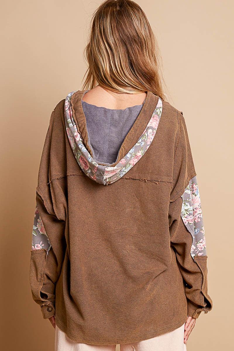 POL 100% Cotton Hoodie USA Stock Women Floral Star Patchwork Brown Raw Edge Top