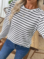 Striped Long Sleeve Textured Knit T-Shirt