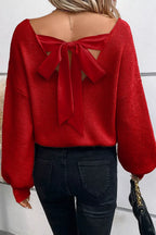 Womens Sweater Bow Knot Back Burgundy Red Lantern Sleeve V Neck Pullover 5834ae74-eb34-4ed3-947d-7eaf63b2555c-Max-Origin Trendsi