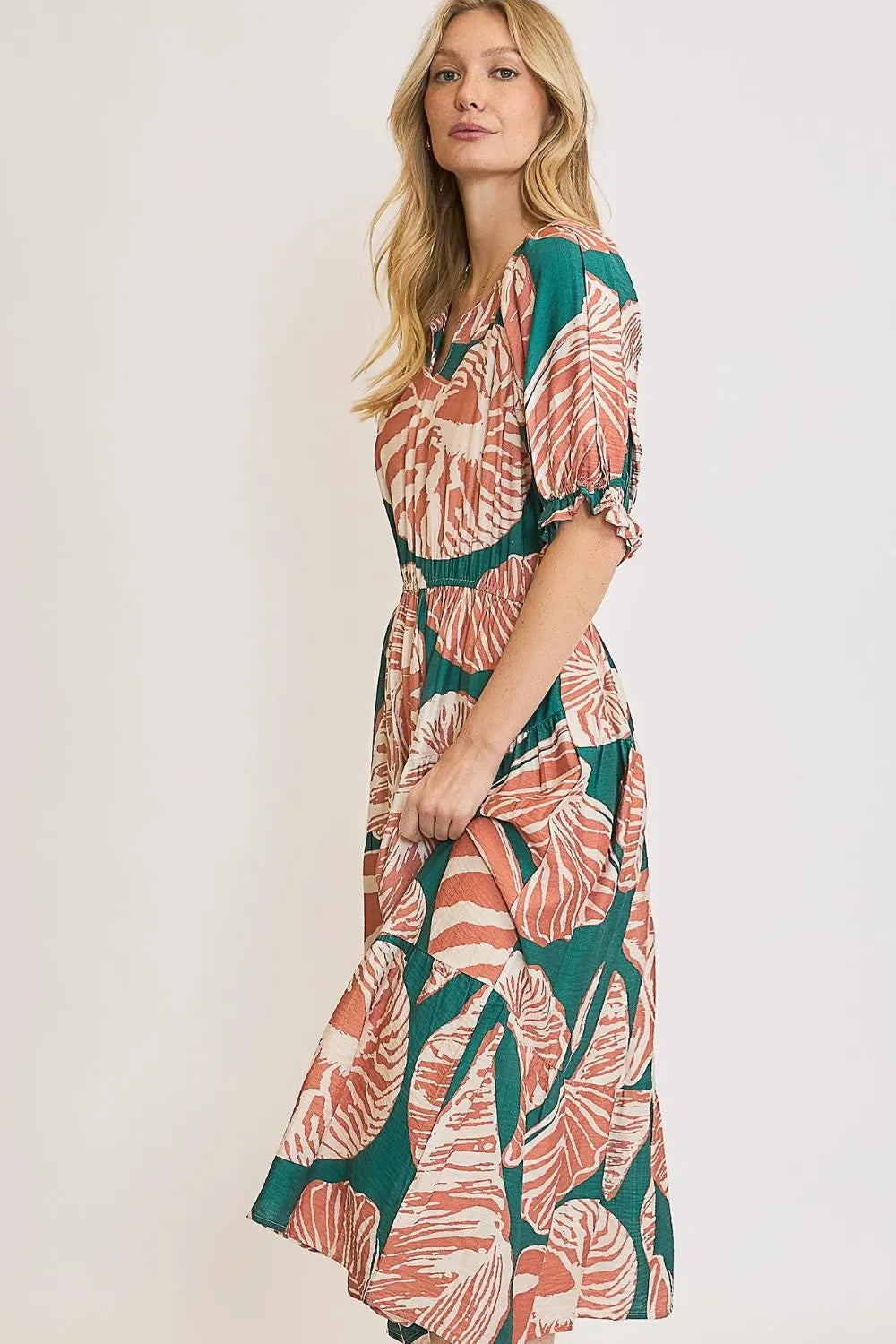 Umgee Midi Dress Green Leaf Printed Notched Puff Short Sleeve 5846ba99-e9b7-4a0b-a53a-144d68426033-Max-Origin Trendsi