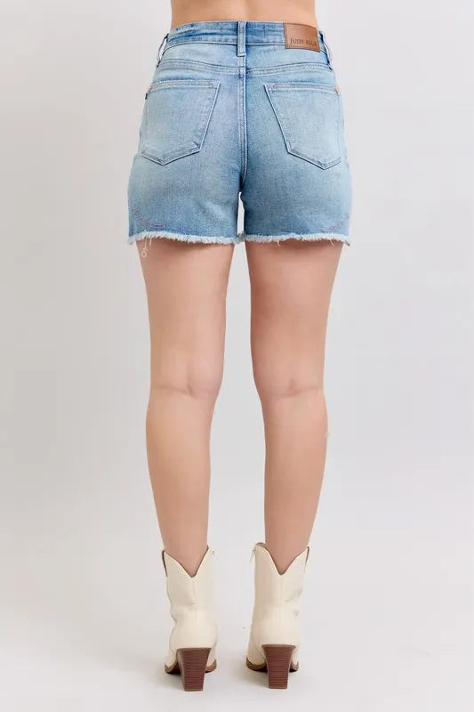 Judy Blue Denim Shorts High Waist Western Embroidery Detail Cut Off 5850fb45c6f847e9b162e98d4dc5cc93-Max-Origin Trendsi