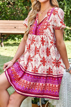 Boho Mini Dress Hot Pink Floral Short Sleeve Tie Neck 5853d347-25fe-4a1f-82e3-5cab026a17f6-Max-Origin Trendsi